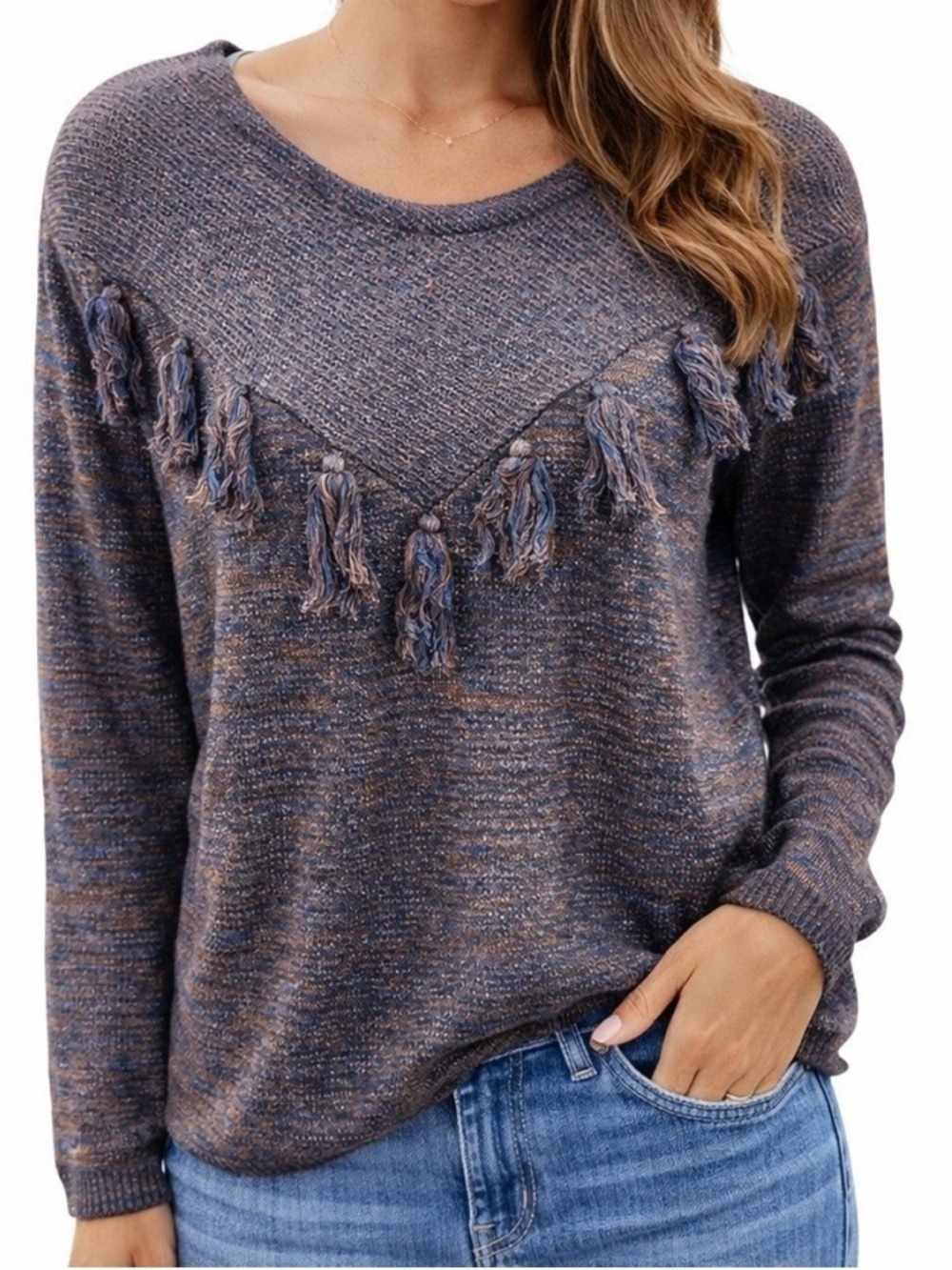 Scotch & Soda Tassel Sweater  Dark Brown Navy and Silver size M long sleeves